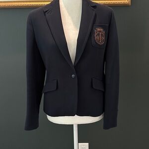 Talbots Black Blazer with Embroidered Copper Color Crest